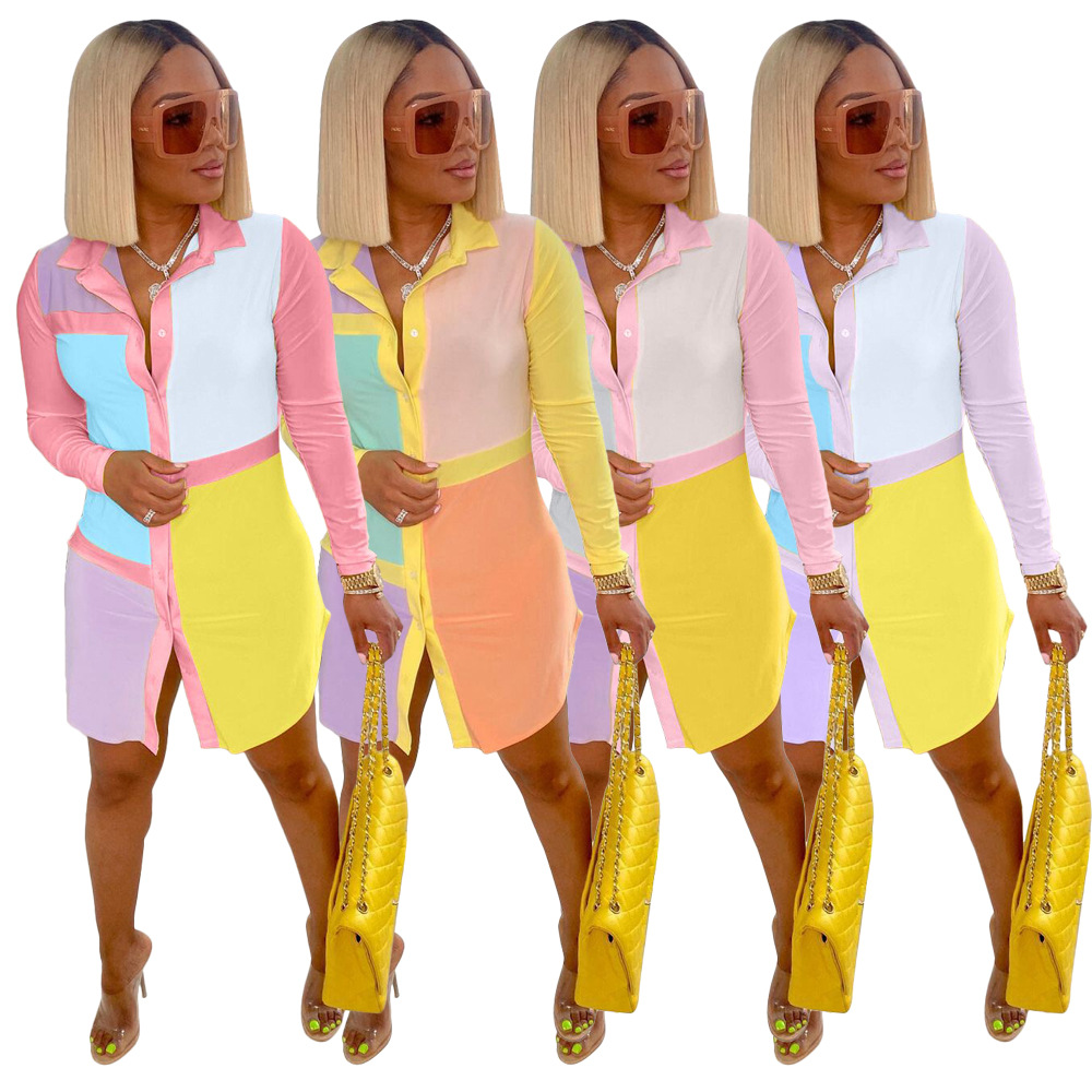 POLO collar positioning print shirt dress S6280