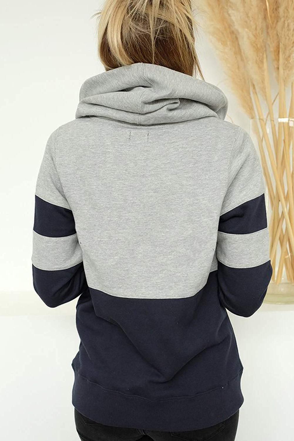 Blue Color Block Long Sleeve Crewneck Pullover Hoodie