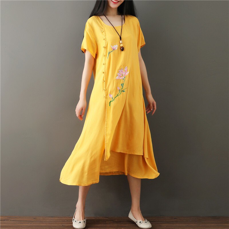 cotton line vintage embroidery floral short sleeve A-Line maxi dress