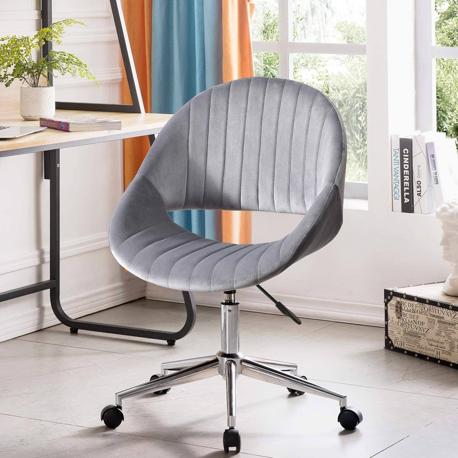 Cute Desk Chair, Adjustable Swivel Office Chair for Girl, Velvet Chair with Wheels - N/A - Grey/Silver