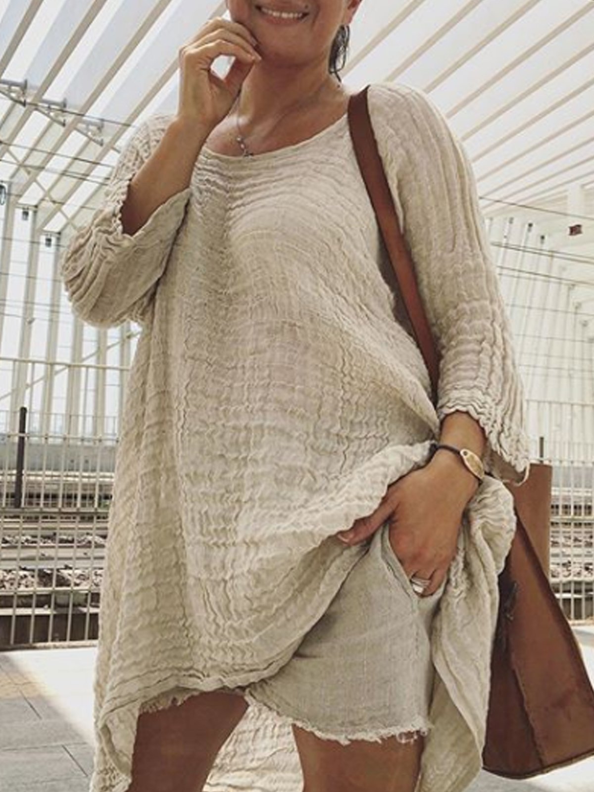 Round Neck Linen Solid Casual Shirts & Tops