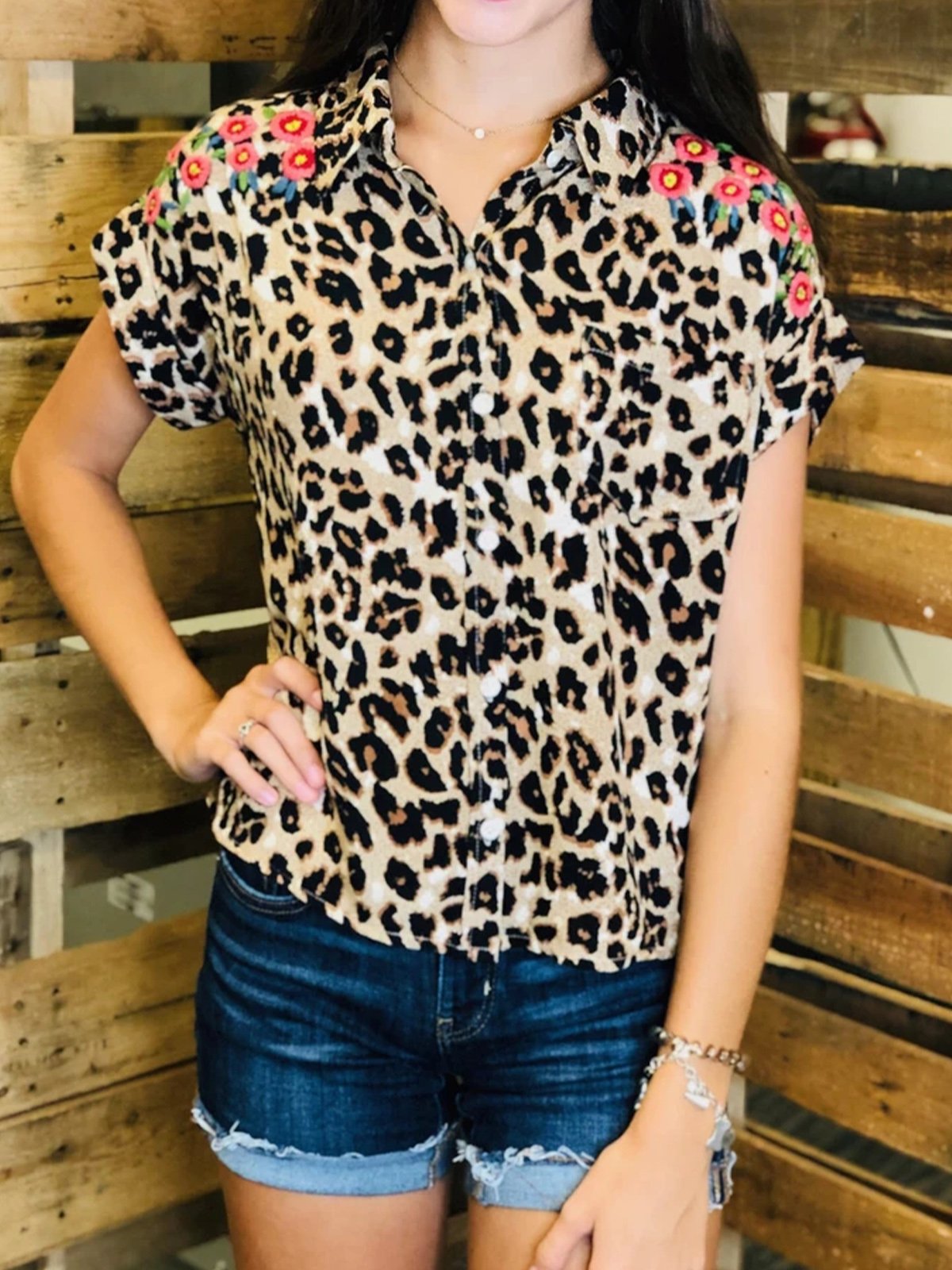 Vintage Short Sleeve Shirt Collar Cotton-Blend Shirts & Tops