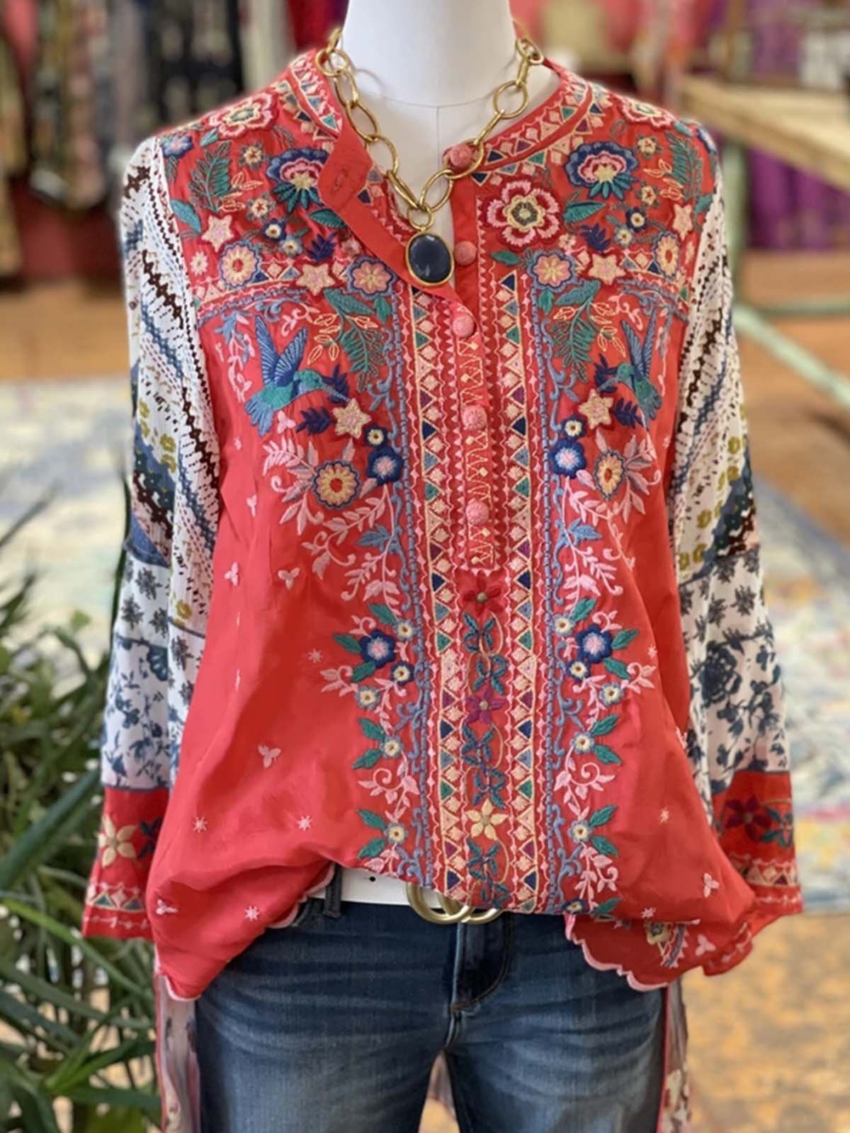 Cotton-Blend Printed Vintage Shirts & Tops