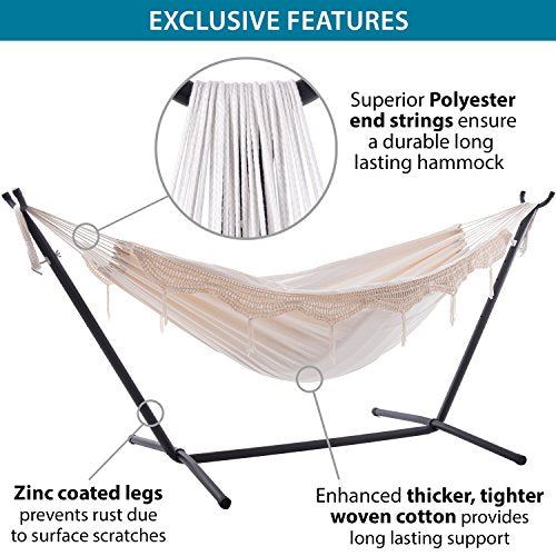Vivere Double Hammock with Space Saving Steel Stand, Natural (450 lb Capacity – Premium Carry Bag Included)