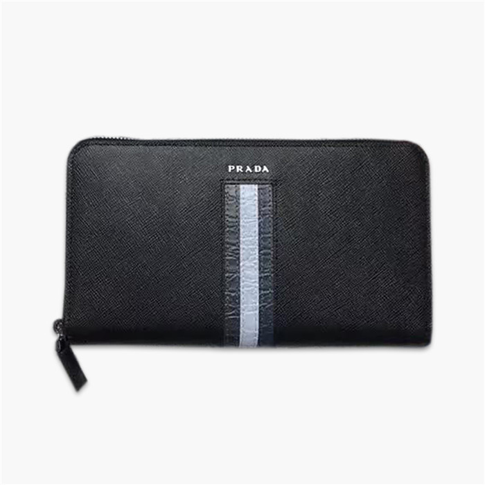 【原版皮】普拉达/Prada 拉链钱夹，选用十字纹小牛皮镶嵌彩带鳄鱼纹裁制而成，经典之作，简单时尚，款号：2ML188