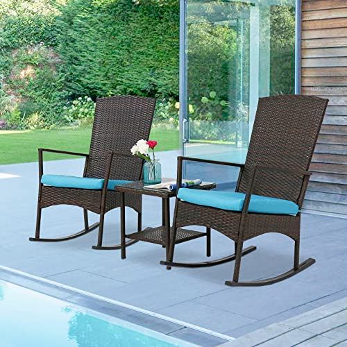 3 Piece Brown Rattan Rocking Chair Outdoor Bistro Set with Glass Coffee Table