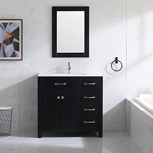 Wonline 36′′ Black Bathroom Vanity and Sink Combo Cabinet Undermount Ceramic Vessel Sink Chrome Faucet Drain with Mirror Vanities Set