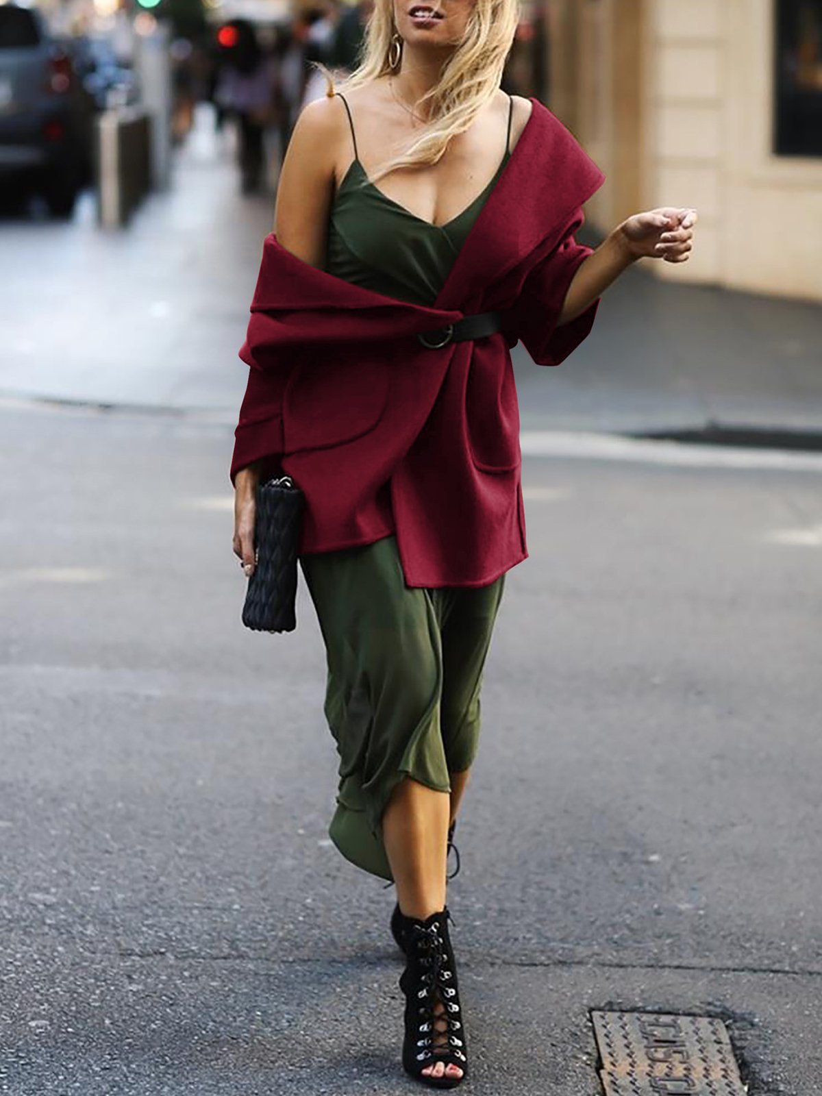 Solid Pockets Long Sleeve Shawl Collar Coats