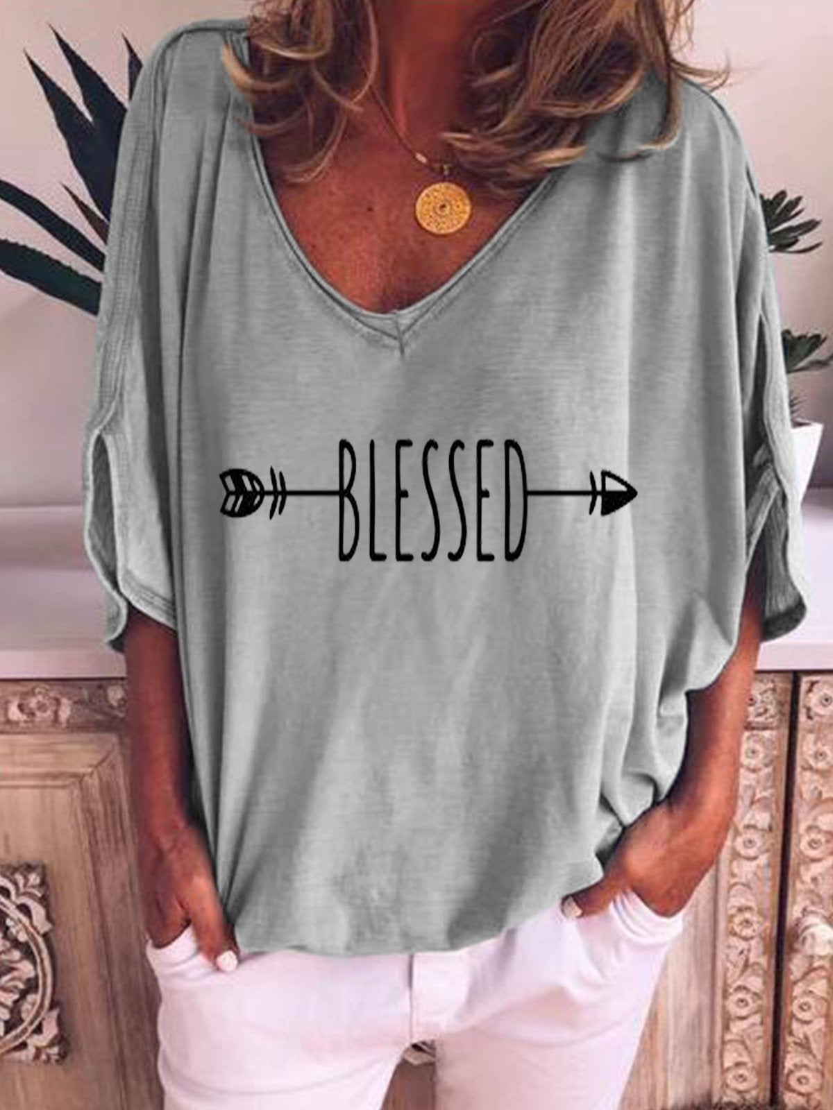 Cotton-Blend V Neck Short Sleeve Casual Shirts & Tops