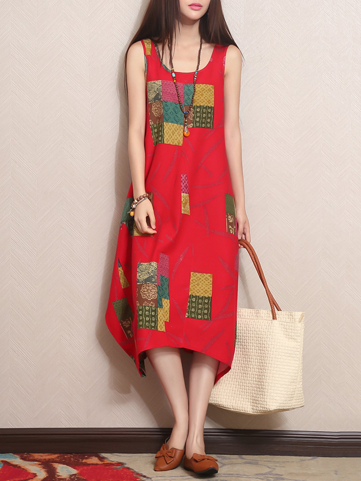 Plus Size Spaghetti Linen A-line Printed Maxi Dress