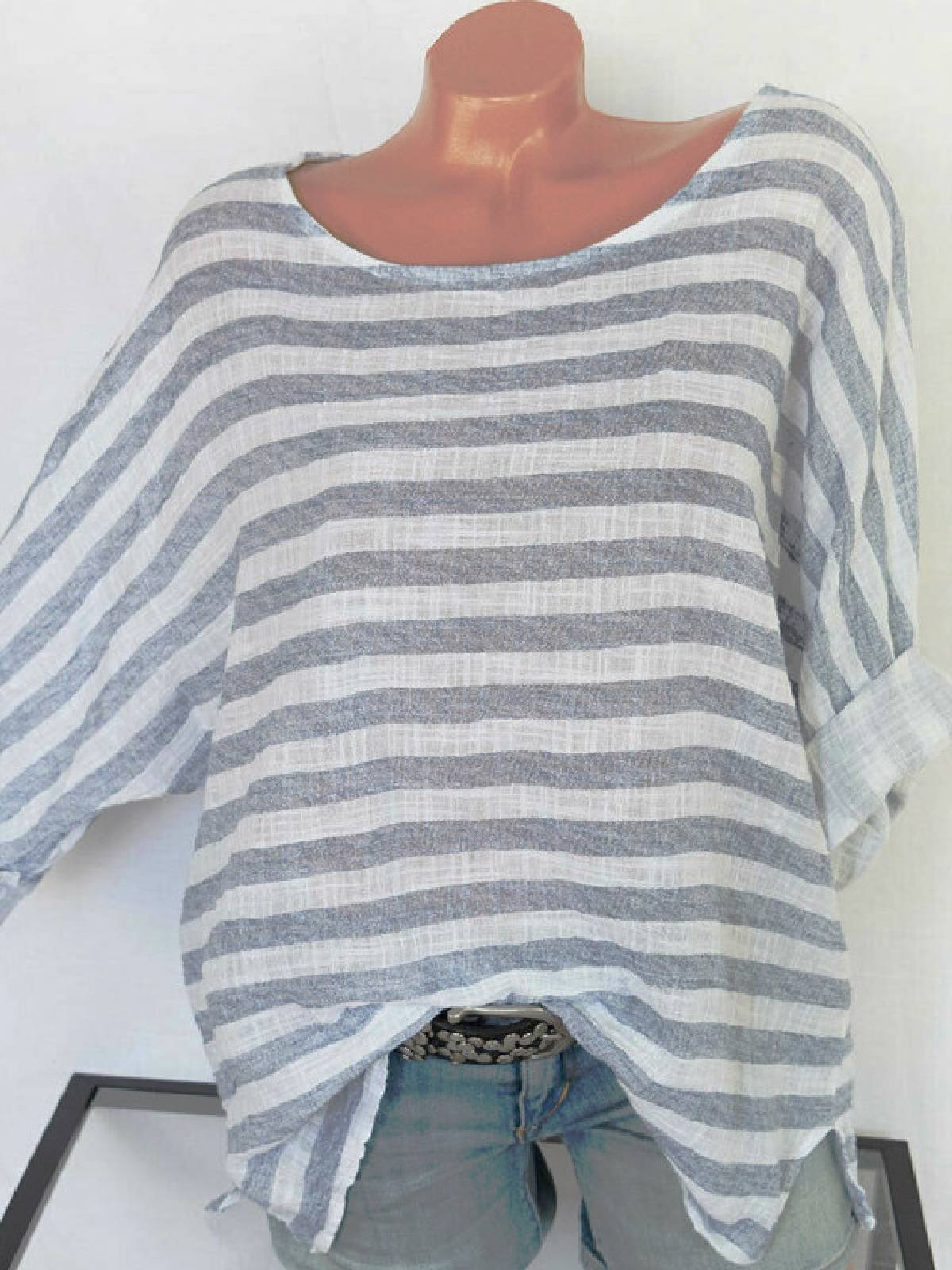Blue Long Sleeve Cotton-Blend Round Neck Shirts & Tops