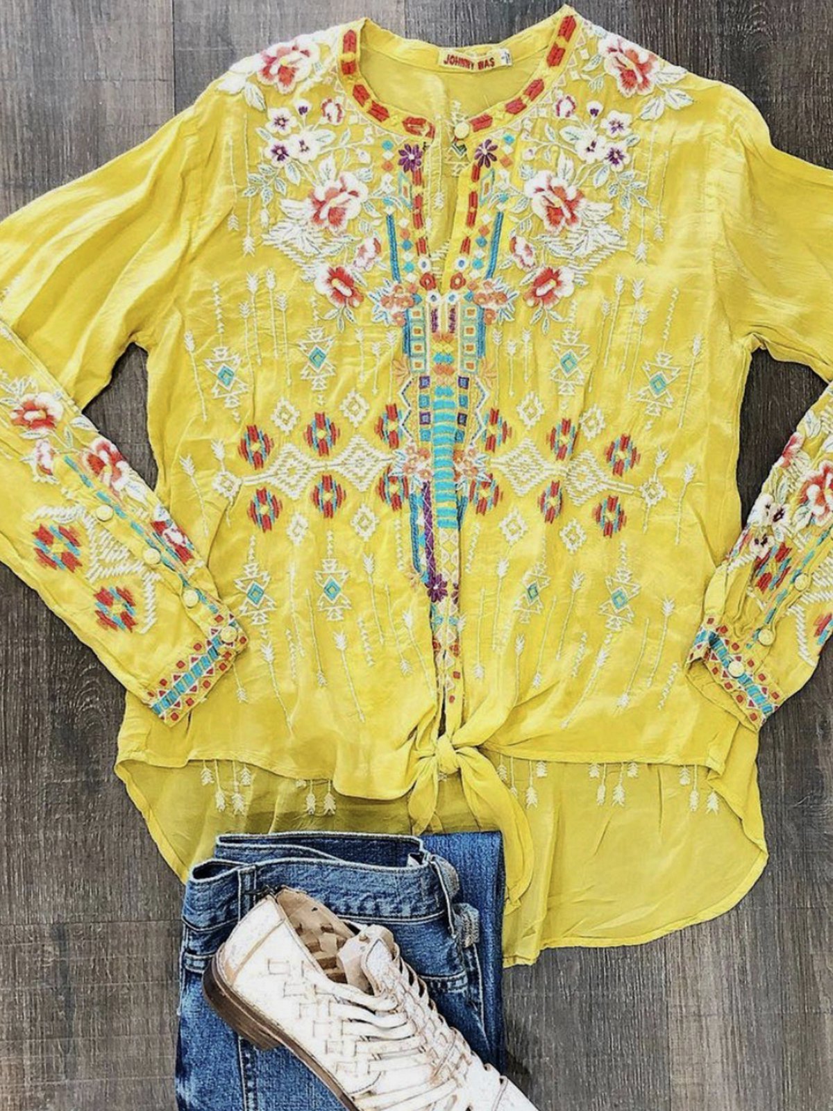 Long Sleeve Vintage Geometric Floral-Print Shirts & Tops