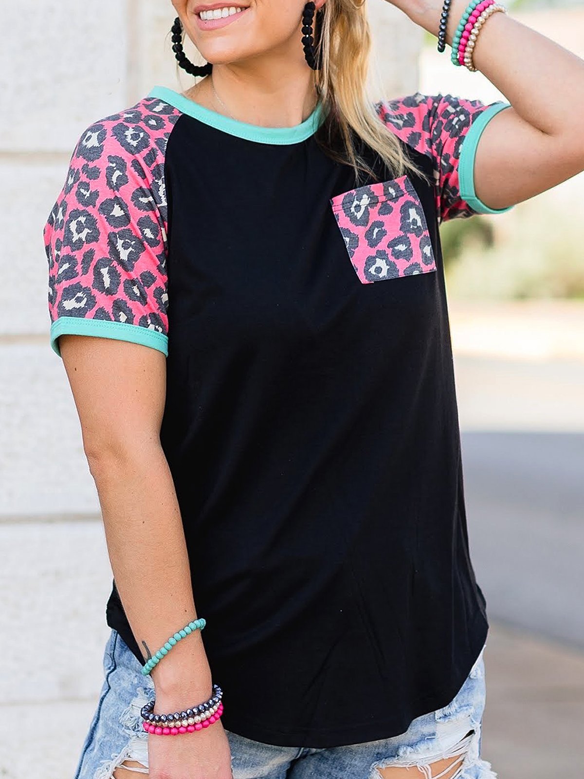 Leopard Shift Casual Short Sleeve Shirts & Tops