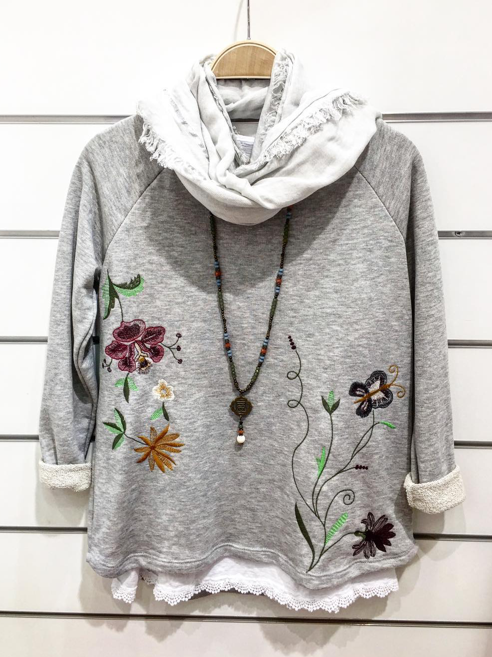 Gray Cotton Crew Neck Long Sleeve Tops