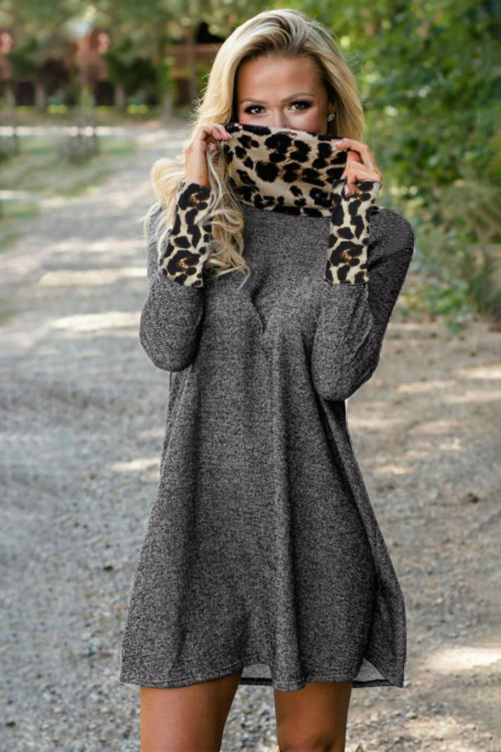 炭灰色豹纹拼接高领长袖迷你连衣裙