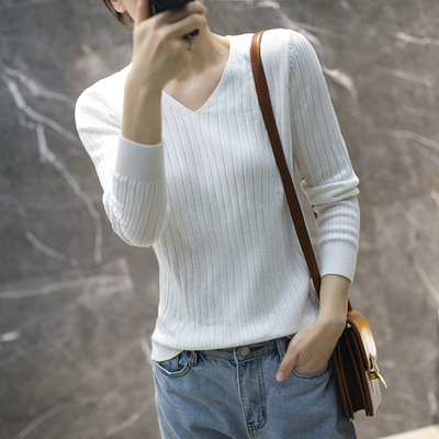 针织衫新款2020潮品女装纯色修身长袖打底衫套头毛衣V领针织女装