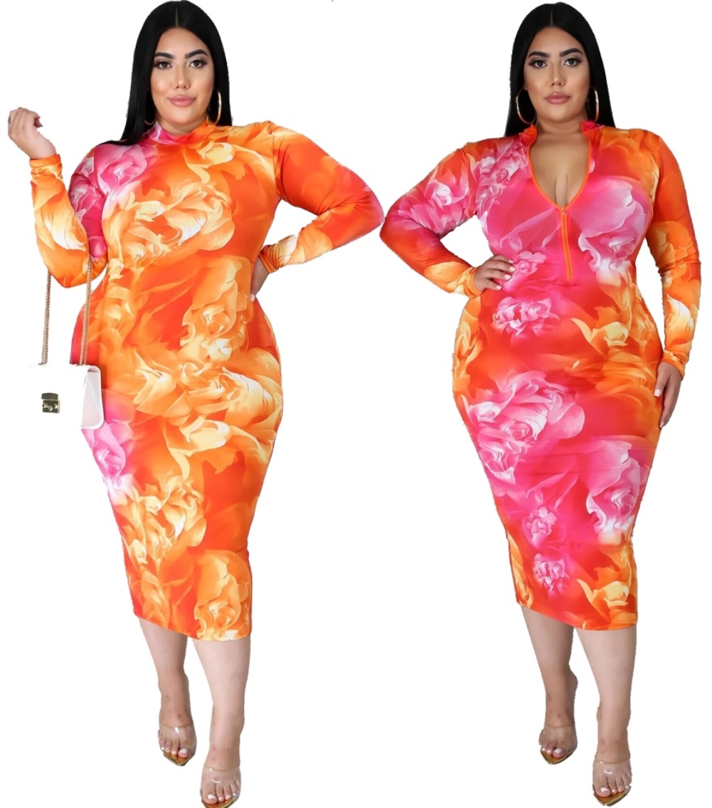 Plus Size Zipper Floral Midi Dress with Full Sleeves
