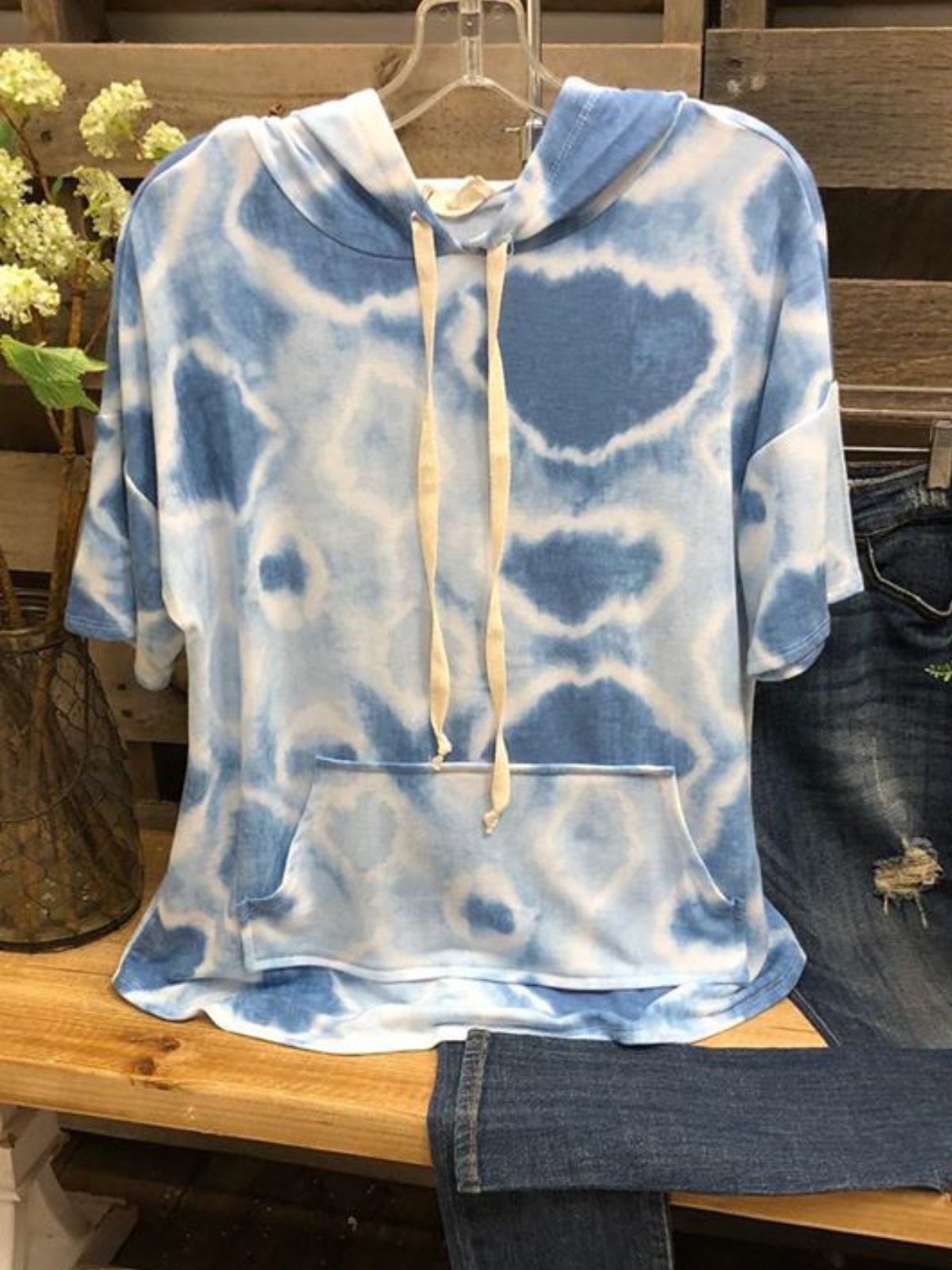 Blue Hoodie Short Sleeve Casual Pockets Shirts & Tops