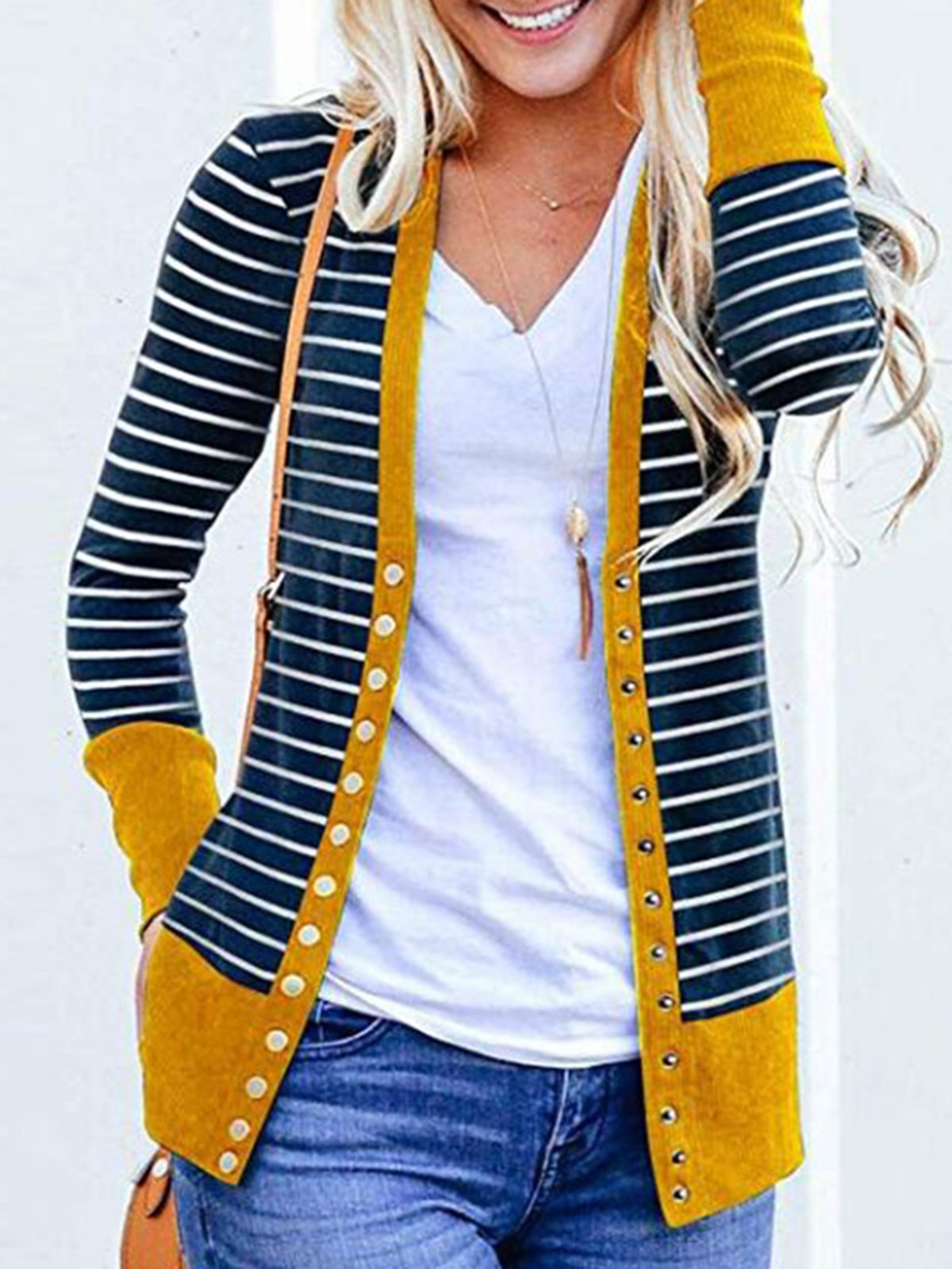 Womens Outerwear Buttoned Stripes Paneled Cardigans