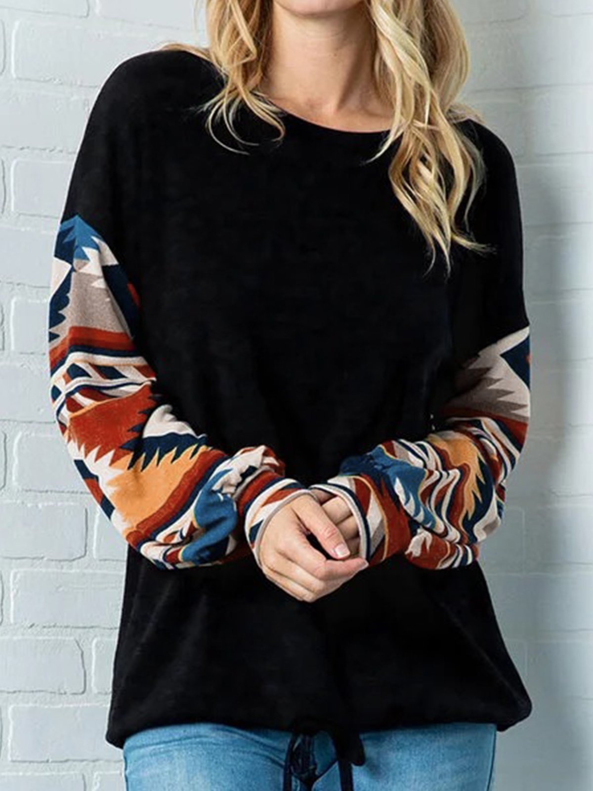 Plus Size Cotton-Blend Tribal Long Sleeve Vintage Shirts & Tops