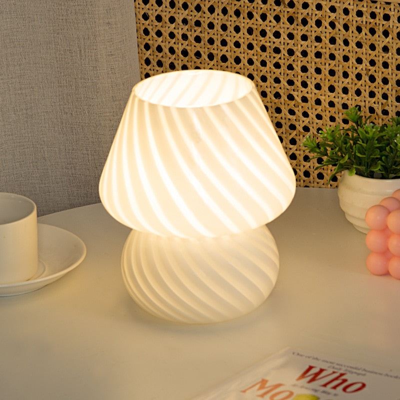 Glass LED Mushroom Table Lamp Bedroom Bedside Lampe Striped Mushroom