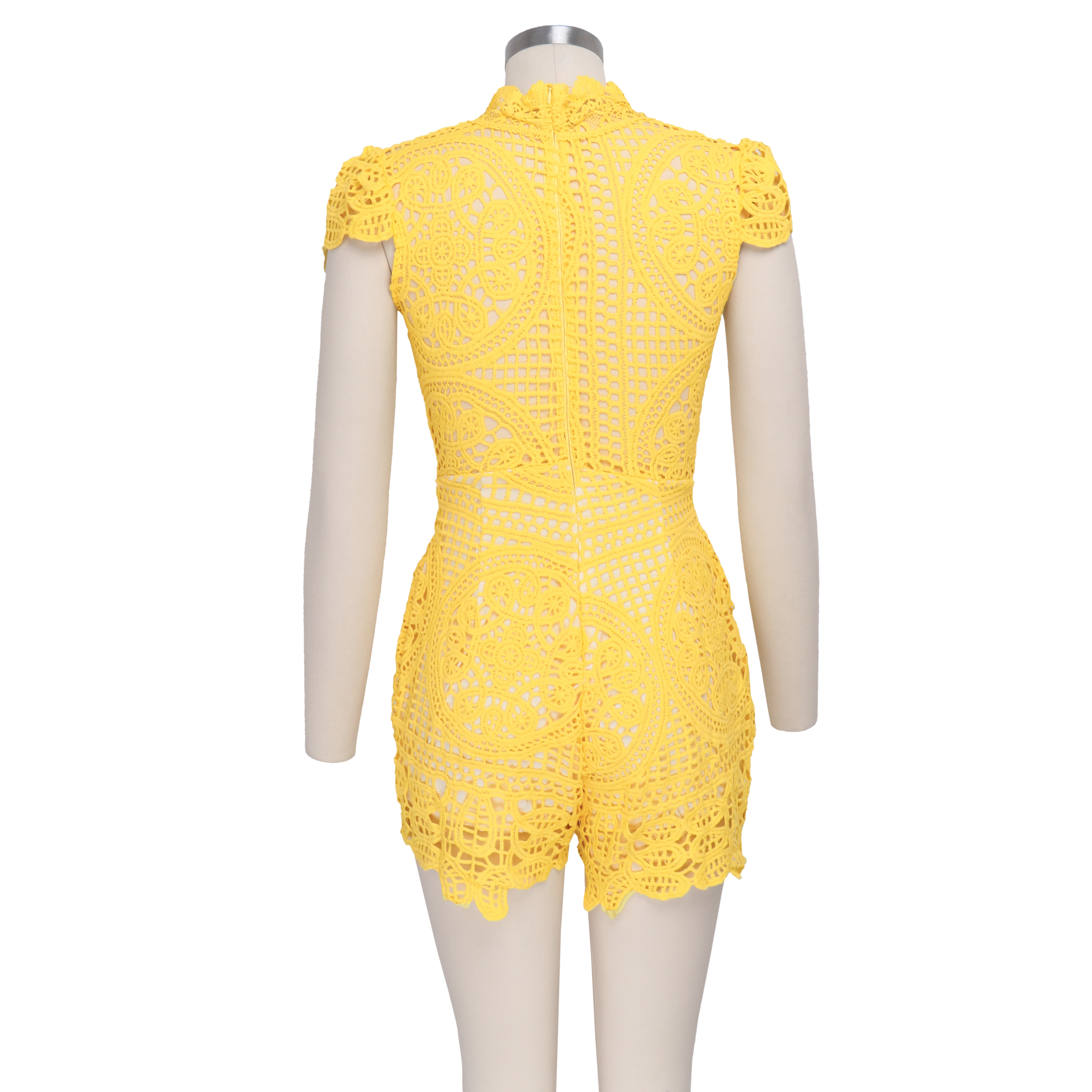 Yellow Crochet Deep-V Sleeveless Rompers