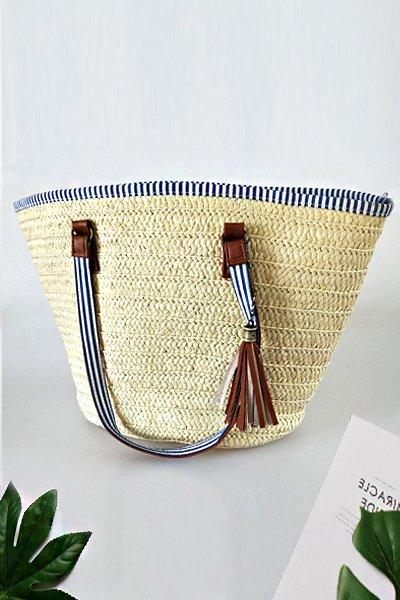 Women's Casual Tassel Zipper Woven Straw Tote Bag
