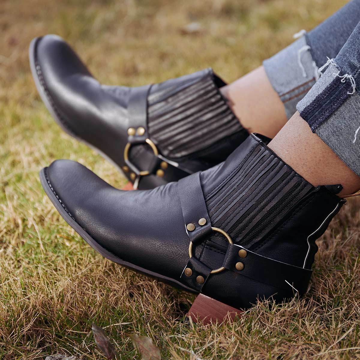 Vintage Slip On Motorcycle Boots Low Heel Buckle Casual Booties