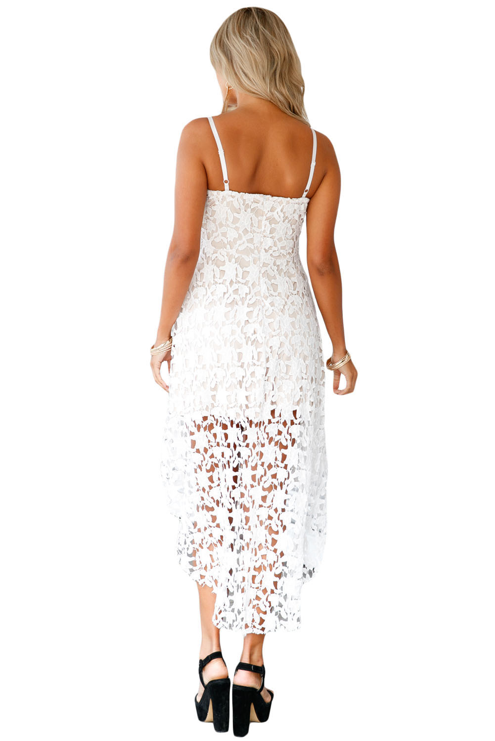 White Hollow Lace Nude Illusion Hi-low Party Dress