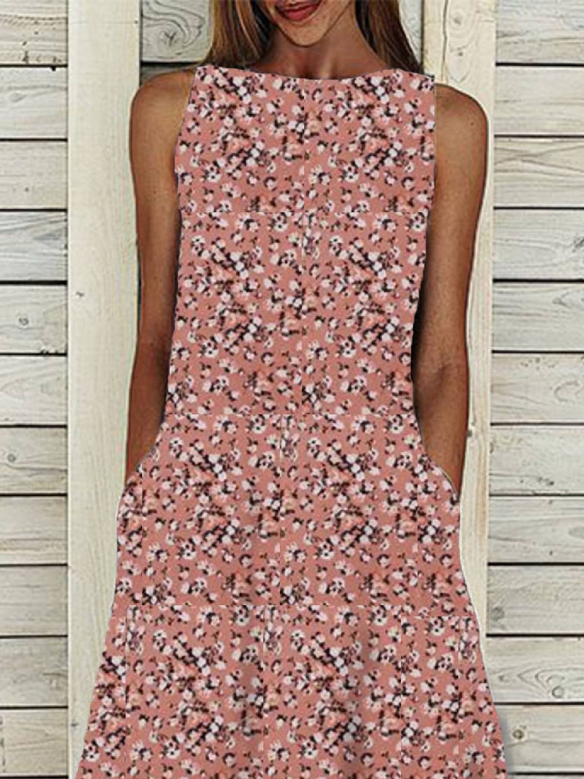 Pink Floral Crew Neck Casual Floral-Print Dresses