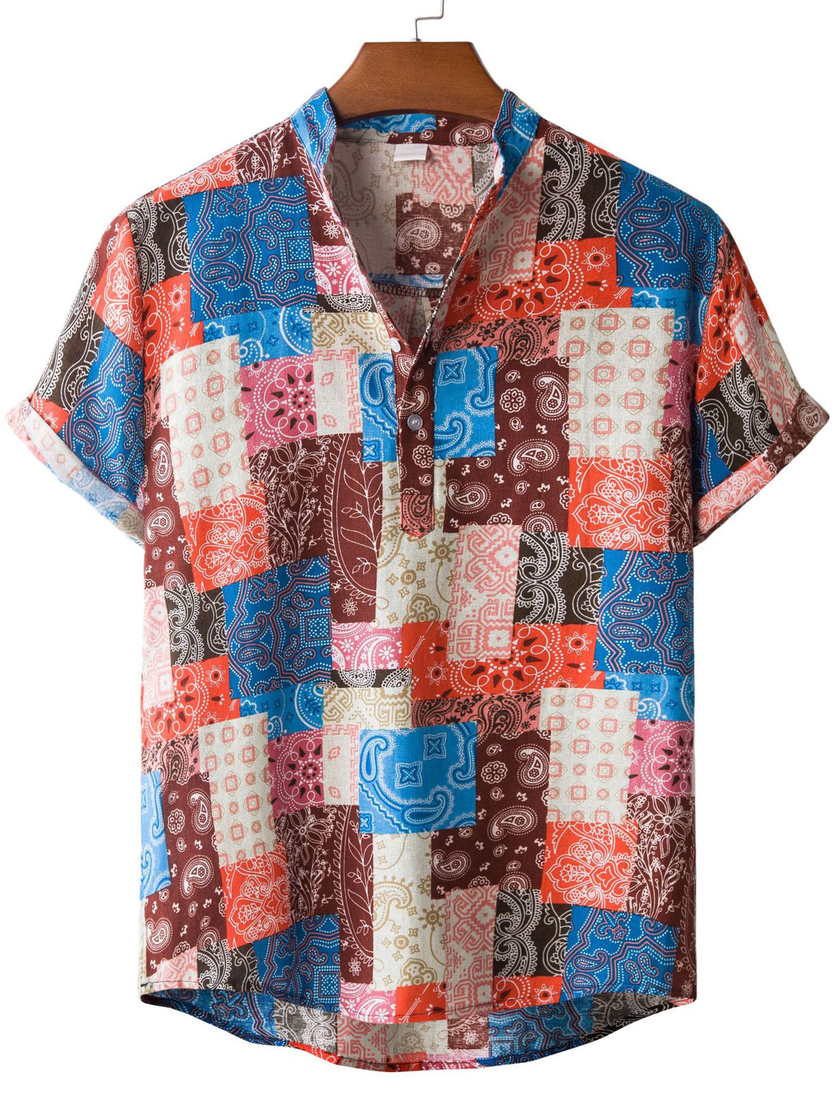Men's Ethnic Patchwork Graphic Button Up Shirt