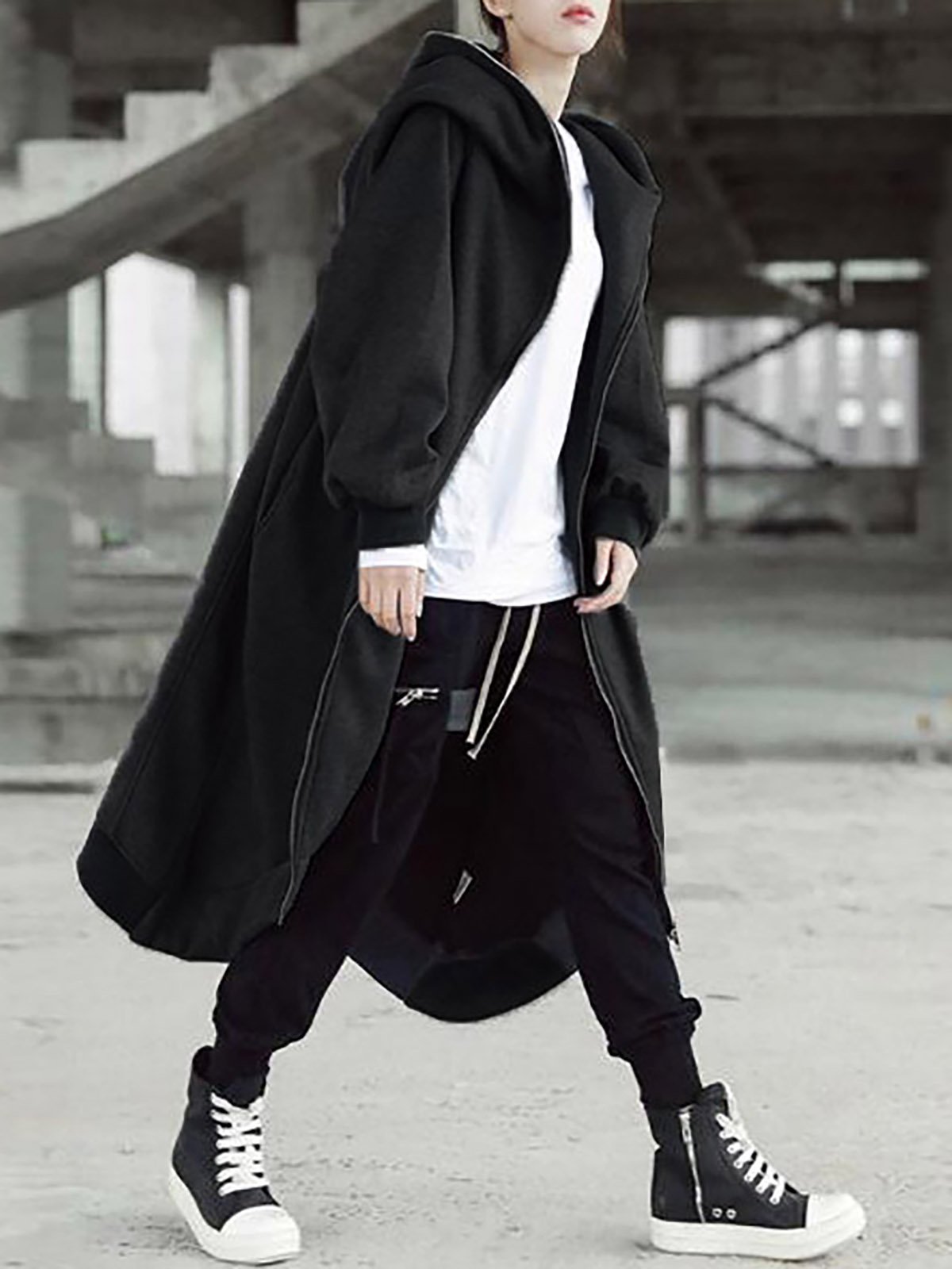 Hooded Long Sleeve Zip Irregular Long Coat