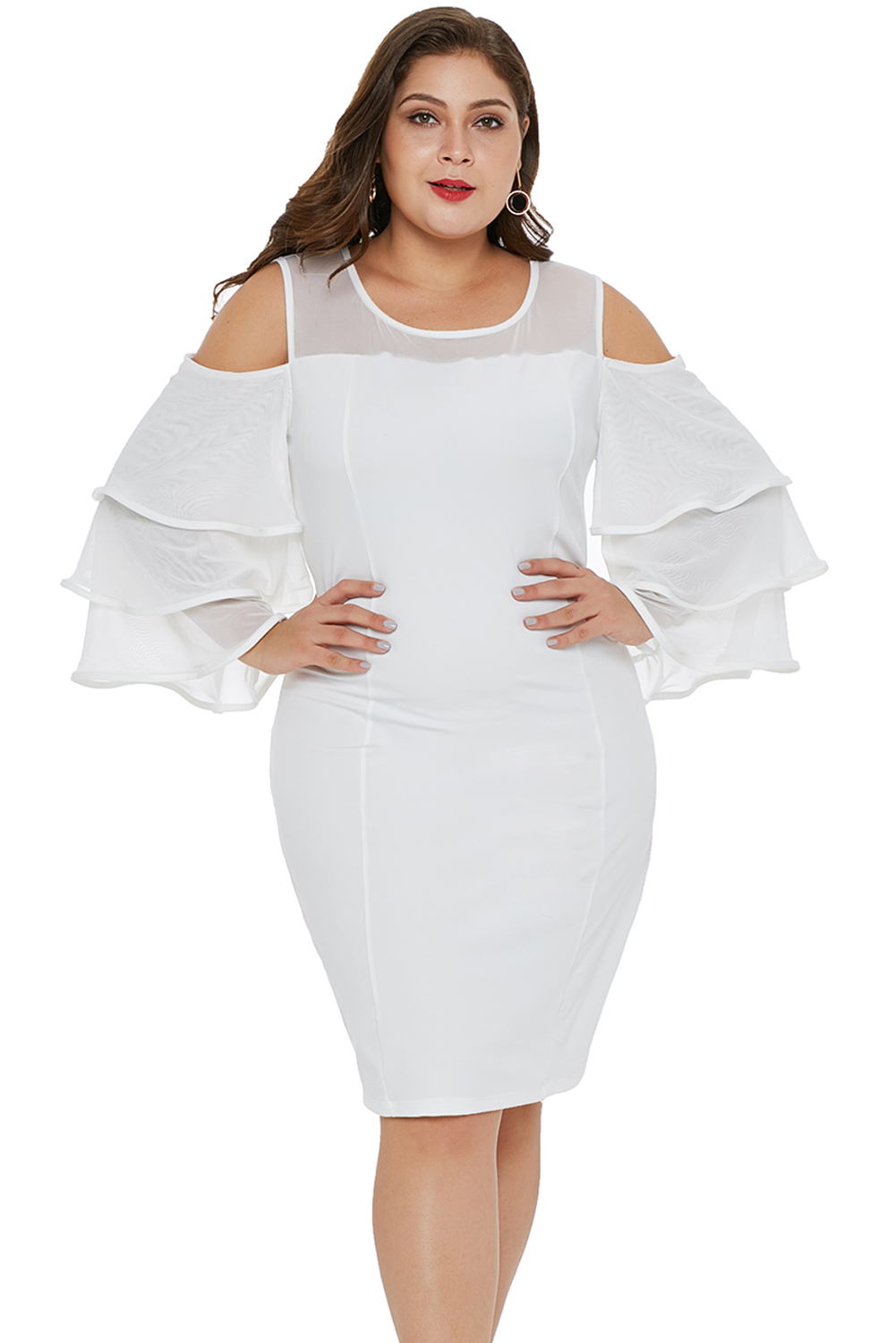 White Cold Shoulder Cascading Sleeve Plus Size Dress