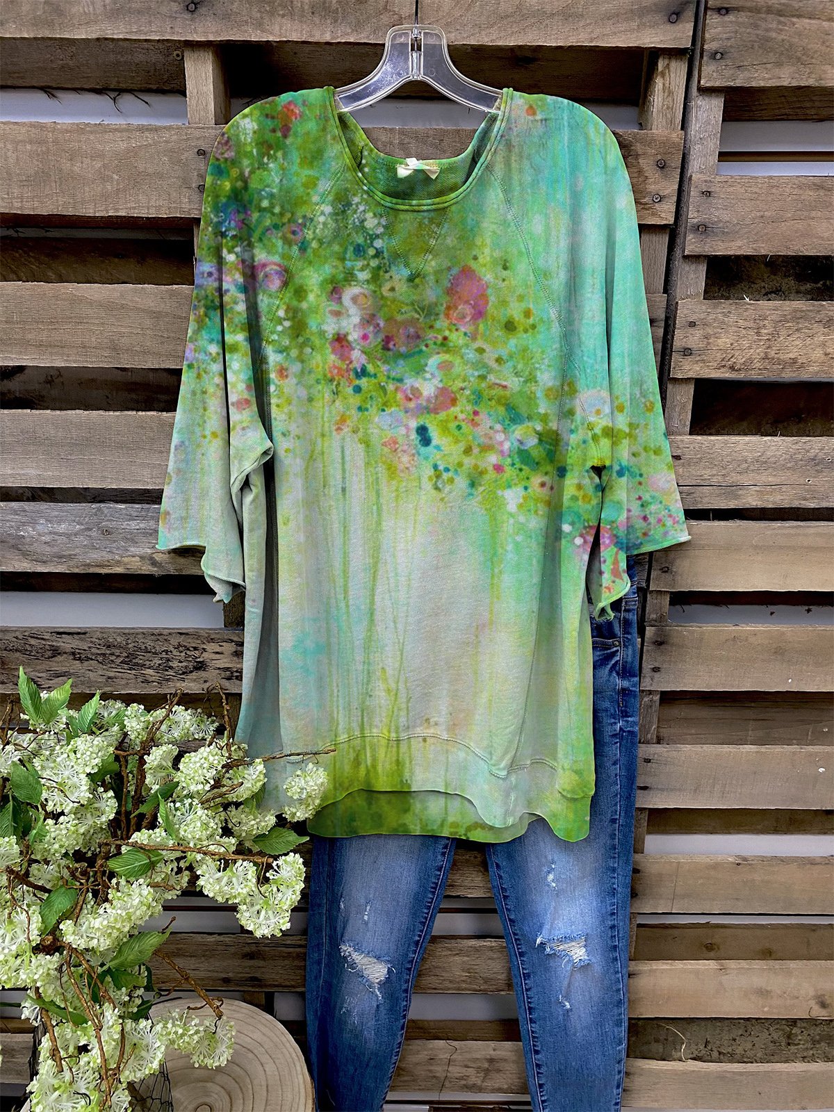 Green Field Ombre/tie-Dye Half Sleeve Pastoral Shirts & Tops