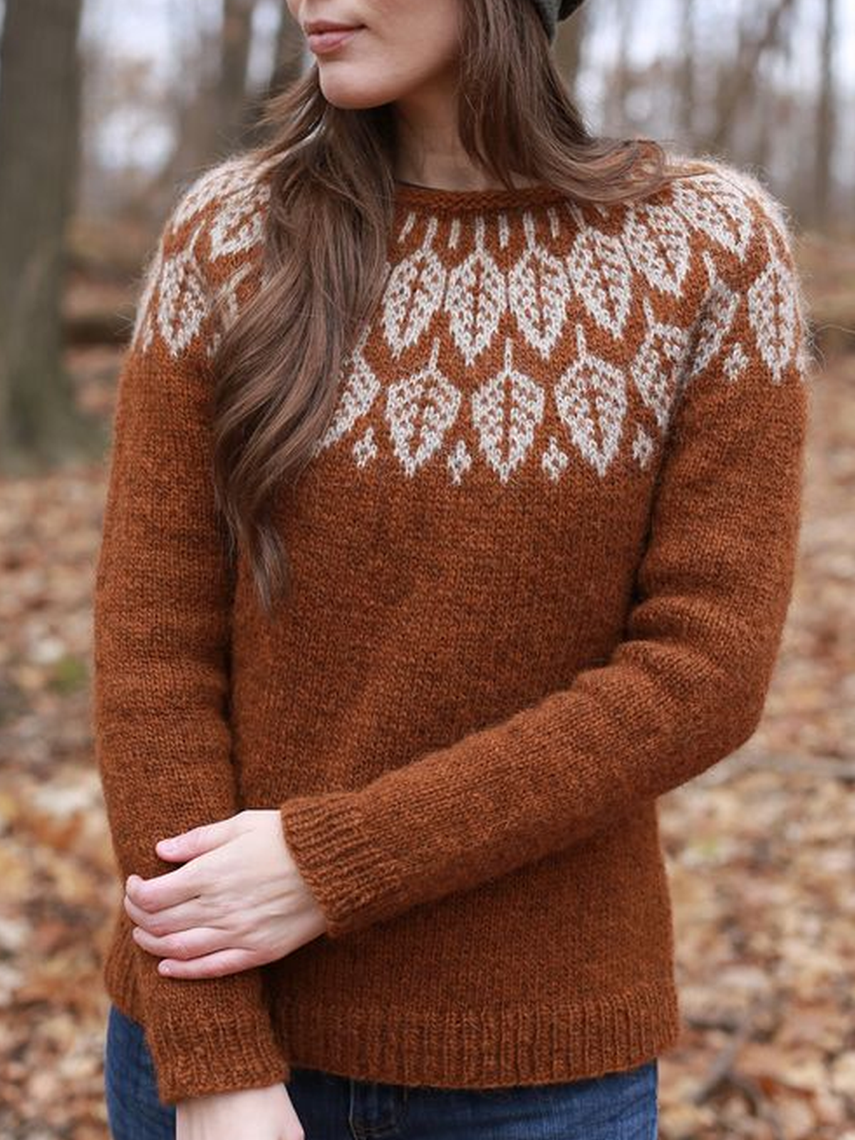 Leaf Printed Crew Neck Long Sleeve Sweaters