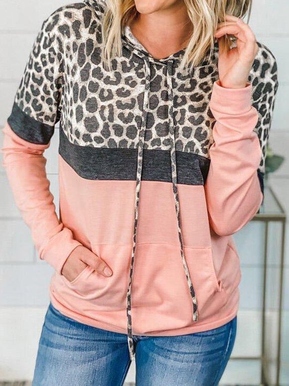 Color Block Leopard Splicing Kangaroo Pocket Hoodie