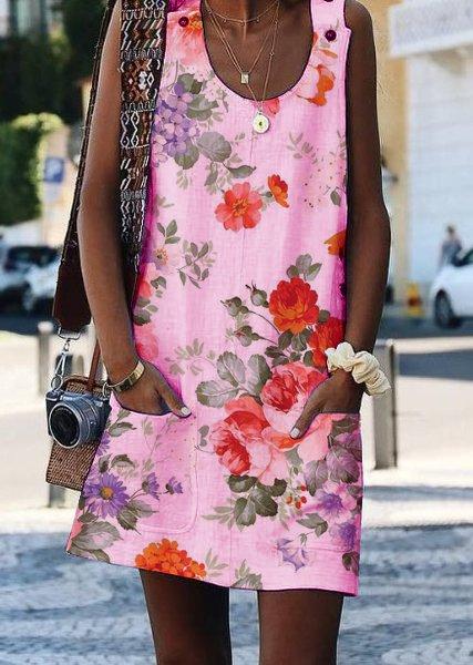Crew Neck Casual Floral-Print Sleeveless Dresses