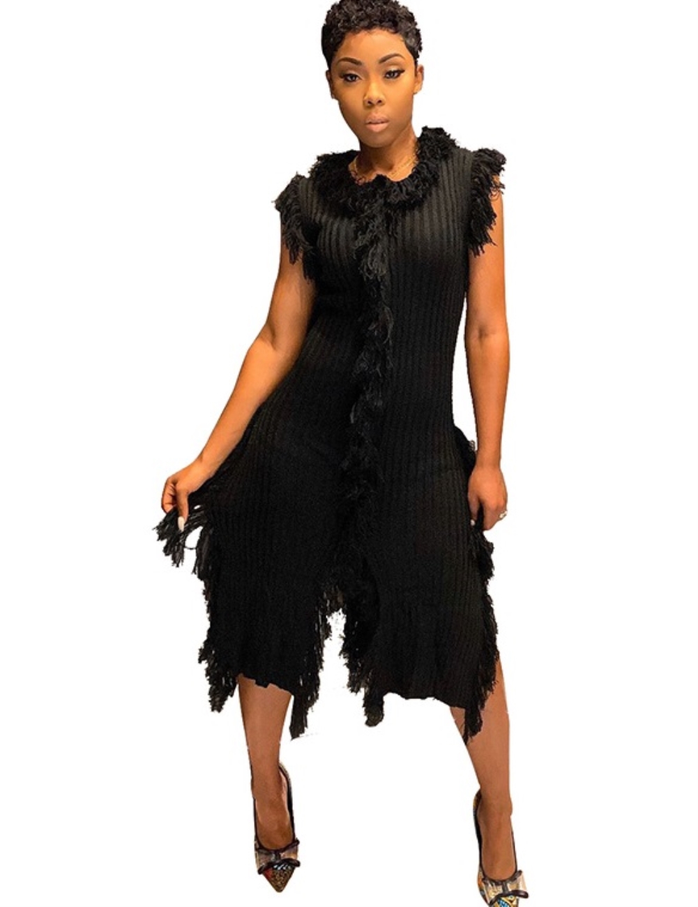 Autumn Knitted Fringe Sleeveless Sweater Dress