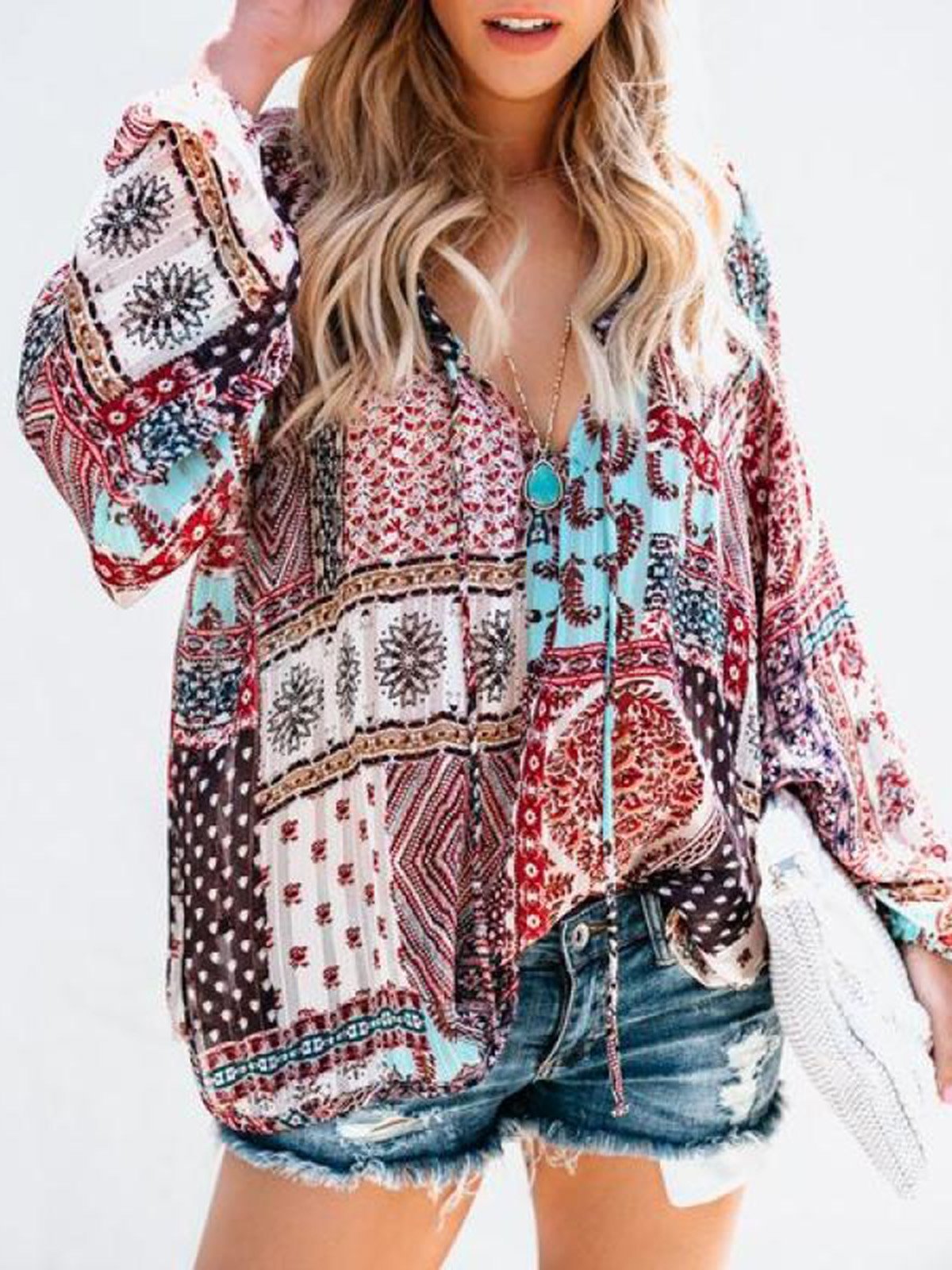 Elegant V Neck Paneled Polyester Blouse