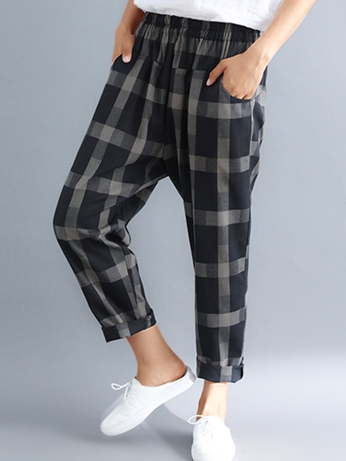 Plus Size Women Plaid Casual Pants