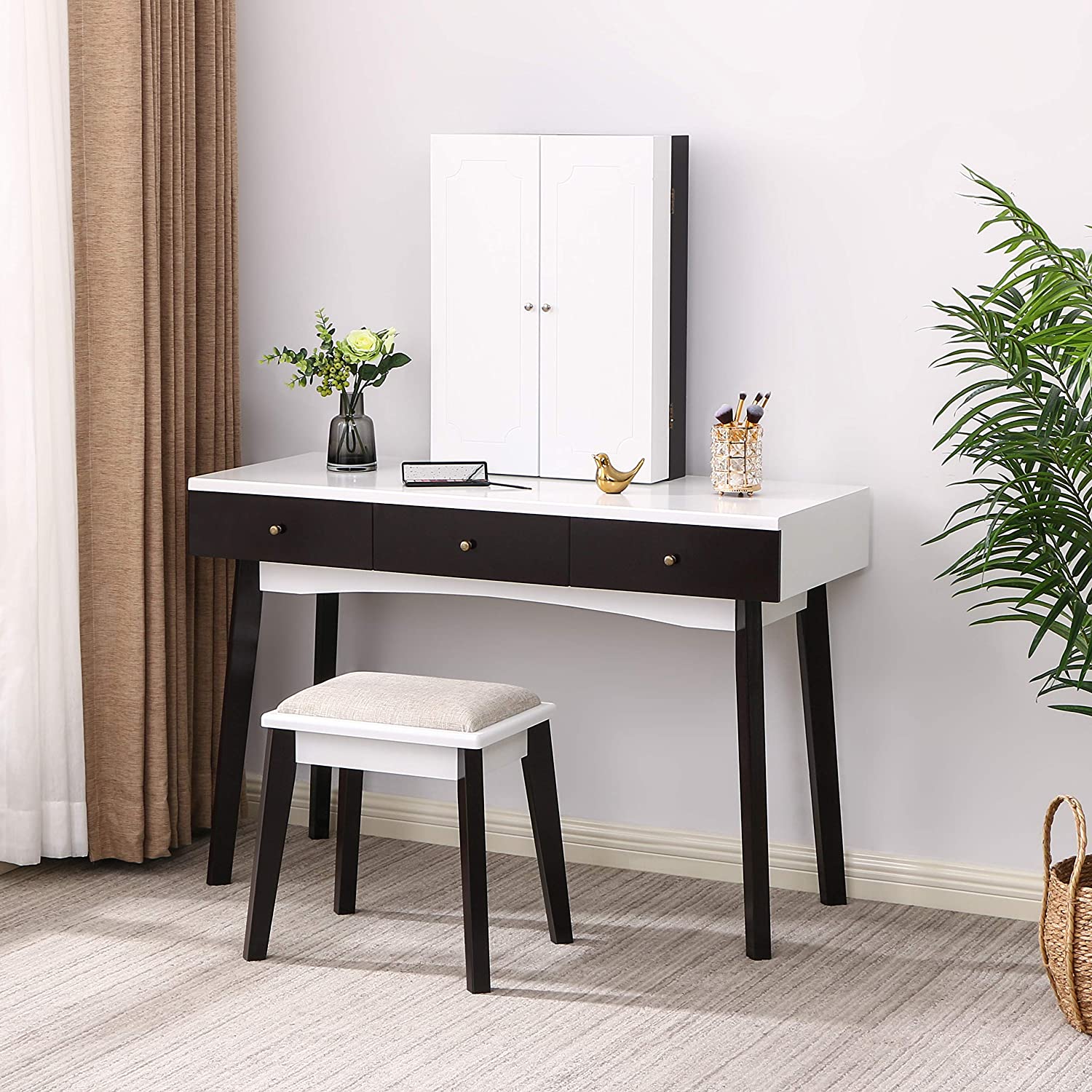 Dresser Set with Mirror, Upholstered Stool, Storage Rack, Makeup Organizer, 3 Drawers