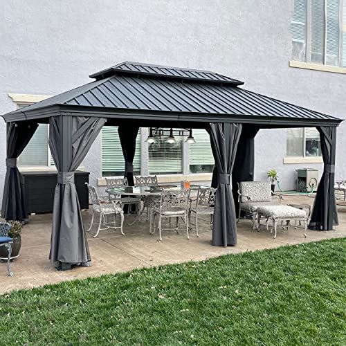 PURPLE LEAF 12′ X 18′ Permanent Hardtop Gazebo Aluminum Gazebo with Galvanized Steel Double Roof for Patio Lawn and Garden, Curtains and Netting Included, Grey