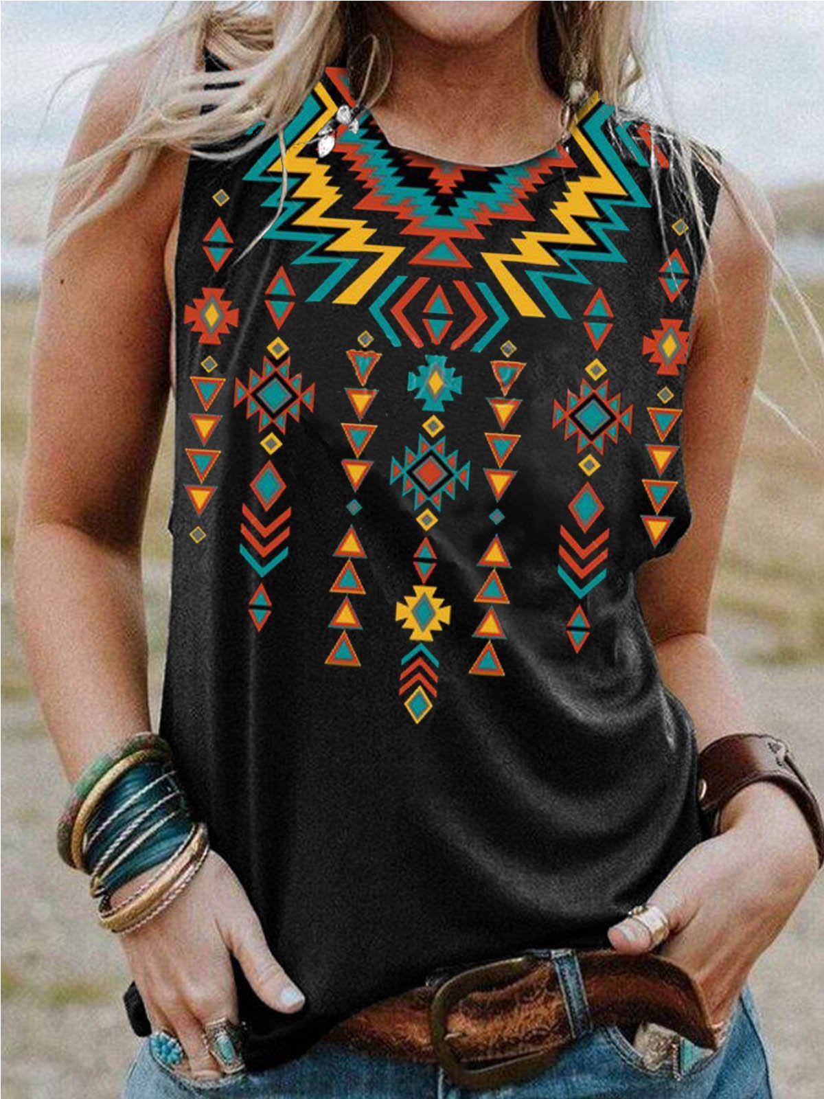 Geometric Crew Neck Short Sleeve Cotton-Blend Shirts & Tops