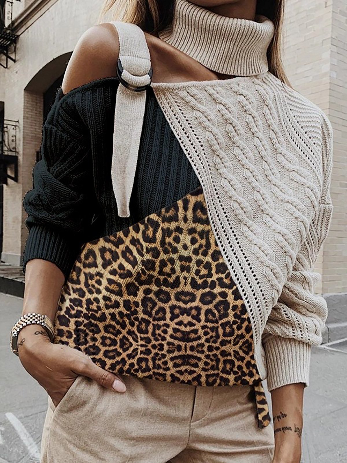 Leopard Paneled Off Shoulder Sweater Plus Size Pullovers Jumpers