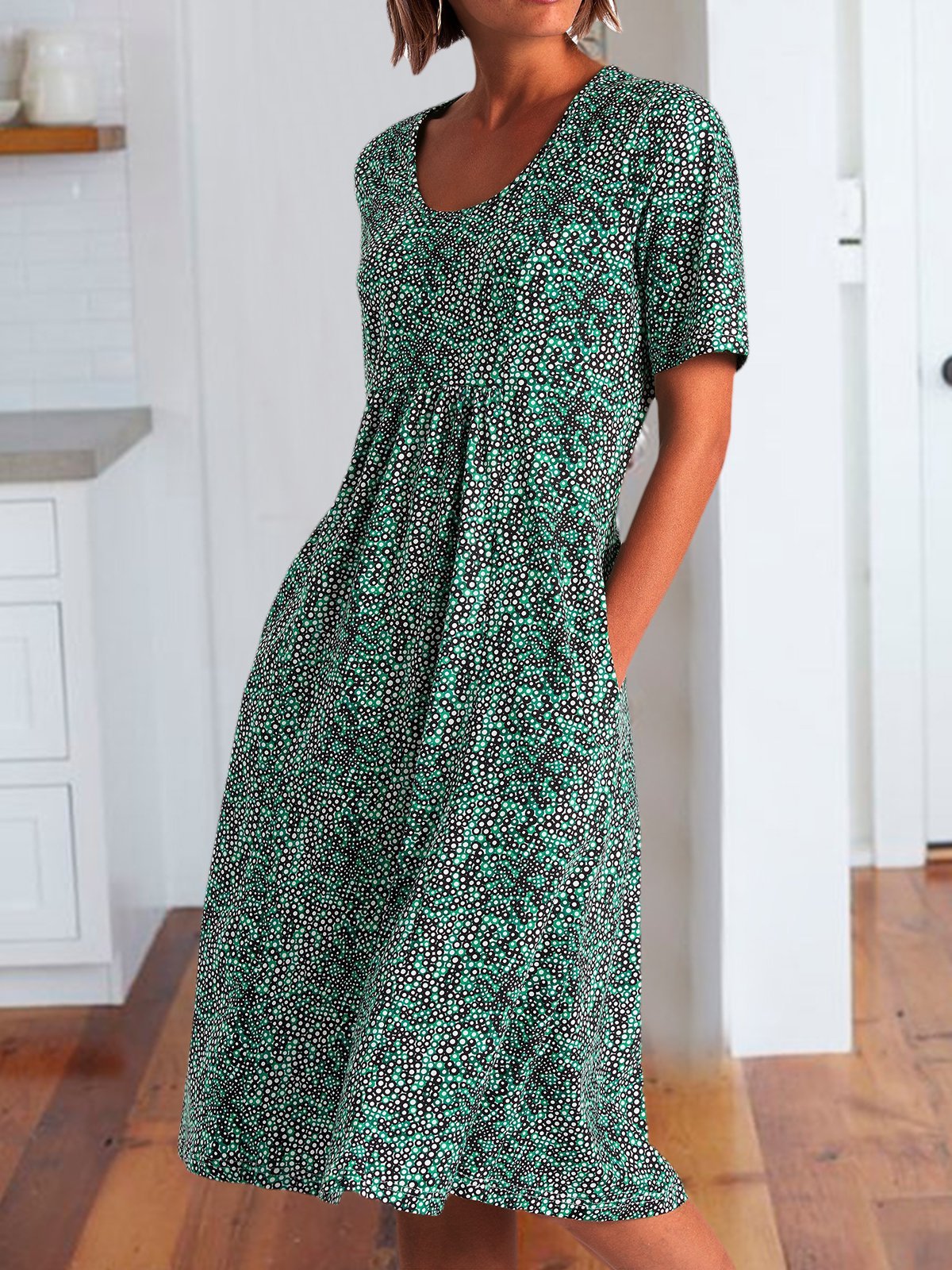 Summer Printed Midi Dress Crew Neck Dresses