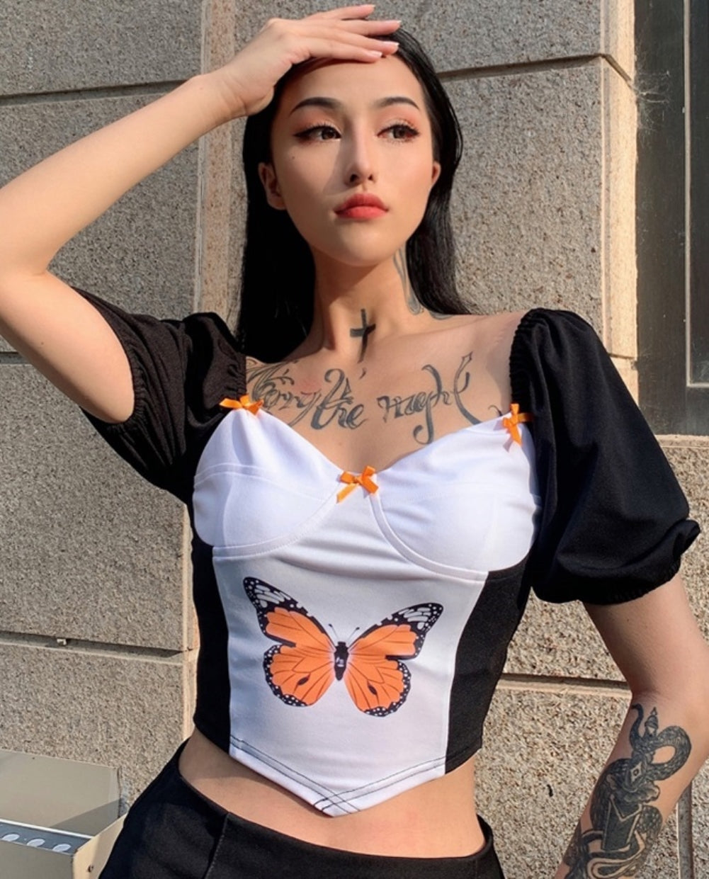 White and Black Butterfly Vintage Crop Top