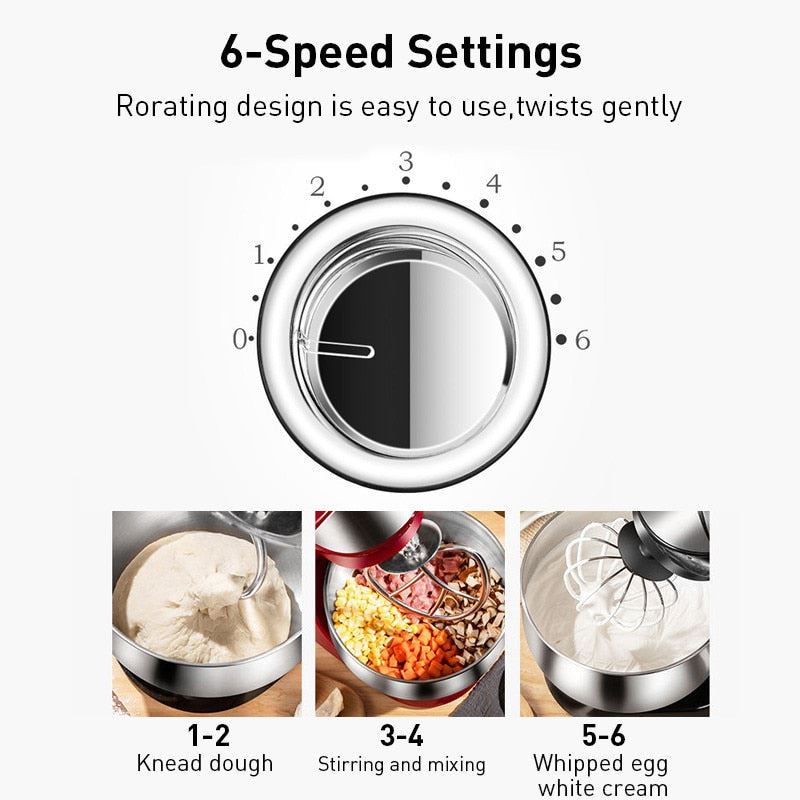 Stainless Steel Bowl Mute Mixer 6-speed Kitchen Food Stand Mixer