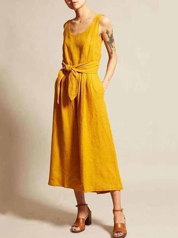 Open Back V-Neck Linen Casual Sexy Jumpsuit