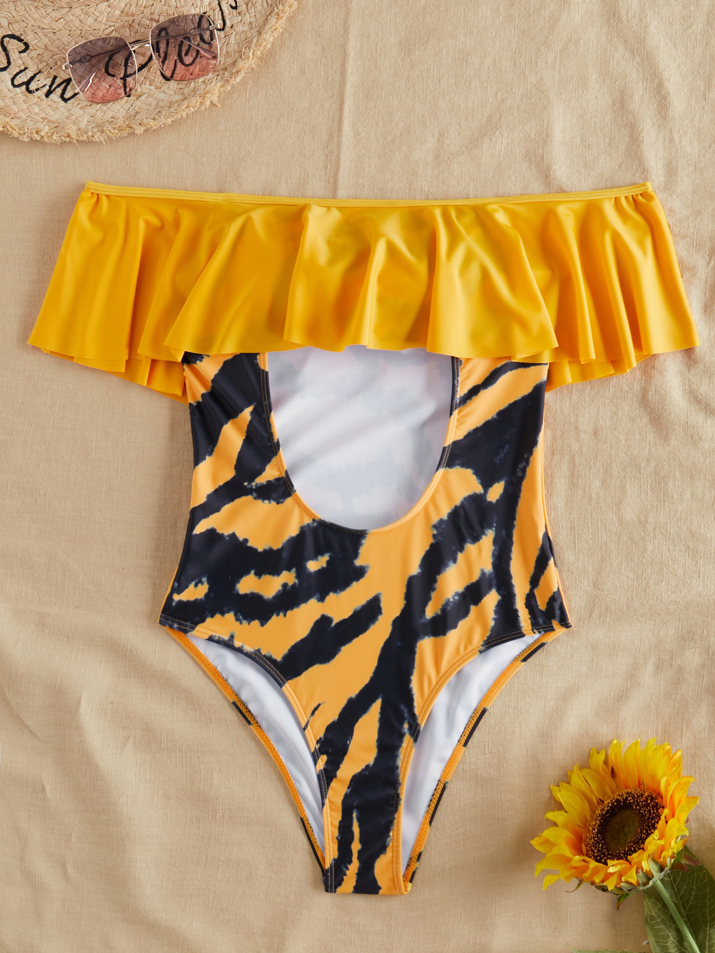 Animal Print Cut Out Ruffle Off Shoulder Swimsuit