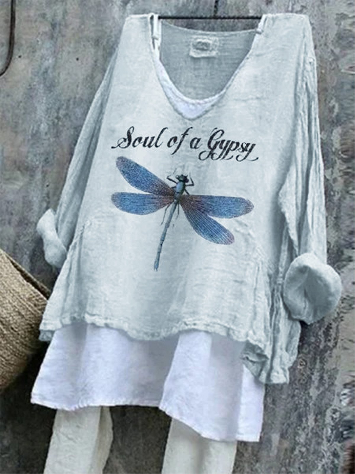 Blue Long Sleeve Animal Cotton-Blend V Neck Shirts & Tops